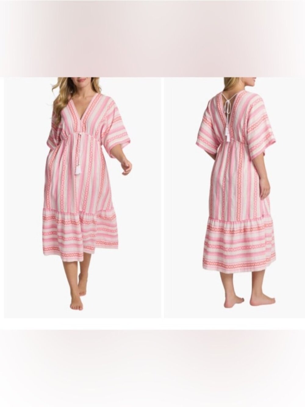 Tommy Bahama Pink Geo Jacquard Tassel Midi Dress XL Boho Beach Coverup Pockets